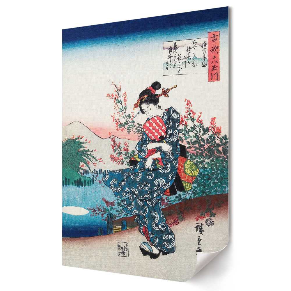 Grafică murală pe pânză Femeie tradițională japoneză într-un peisaj
