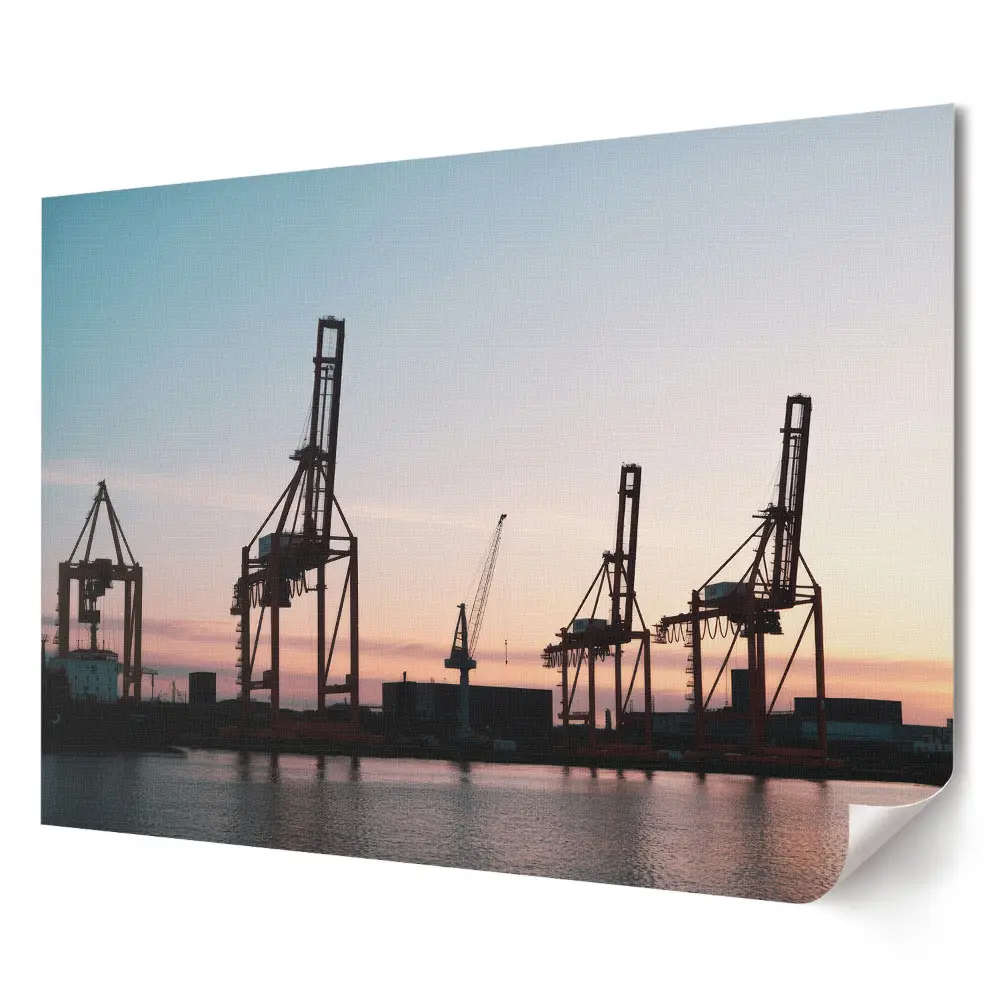Poster decorativ pentru living cu macarale portuare la apus
