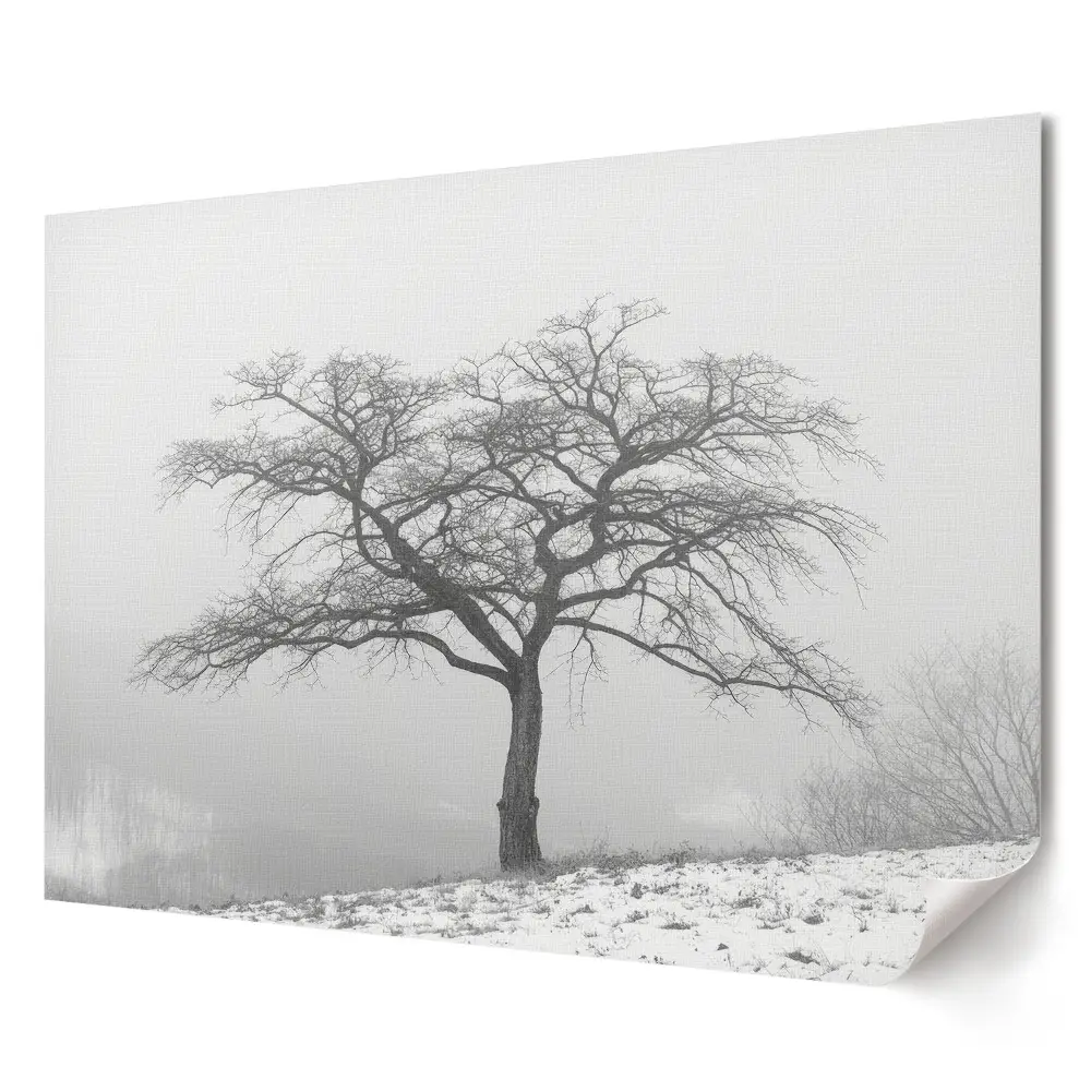Tablou canvas modern cu copac singuratic într-un peisaj învăluit în ceață