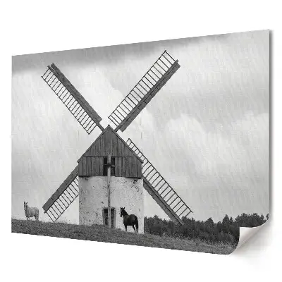 Tablou canvas modern cu moară de vânt și peisaj cu cai