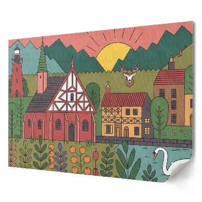 Tablou canvas modern cu peisaj pitoresc din natură și căsuțe