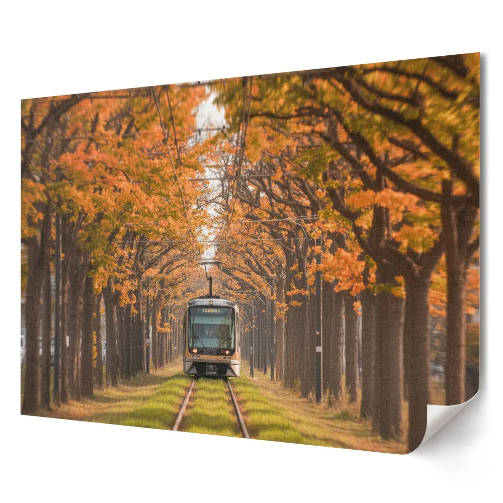 Poster decorativ pentru living cu tramvai pe o alee cu copaci de toamnă