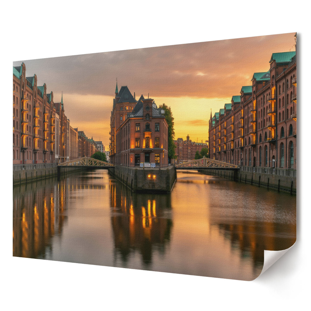 Tablou canvas modern Apus de soare peste canalele din Hamburg