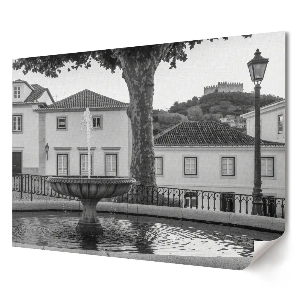 Poster pentru living cu ilustrație de fântână într-un oraș pitoresc