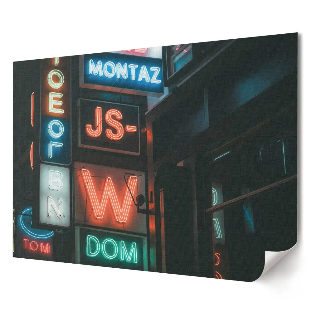 Poster decorativ pentru sufragerie cu peisaj urban și semne neon