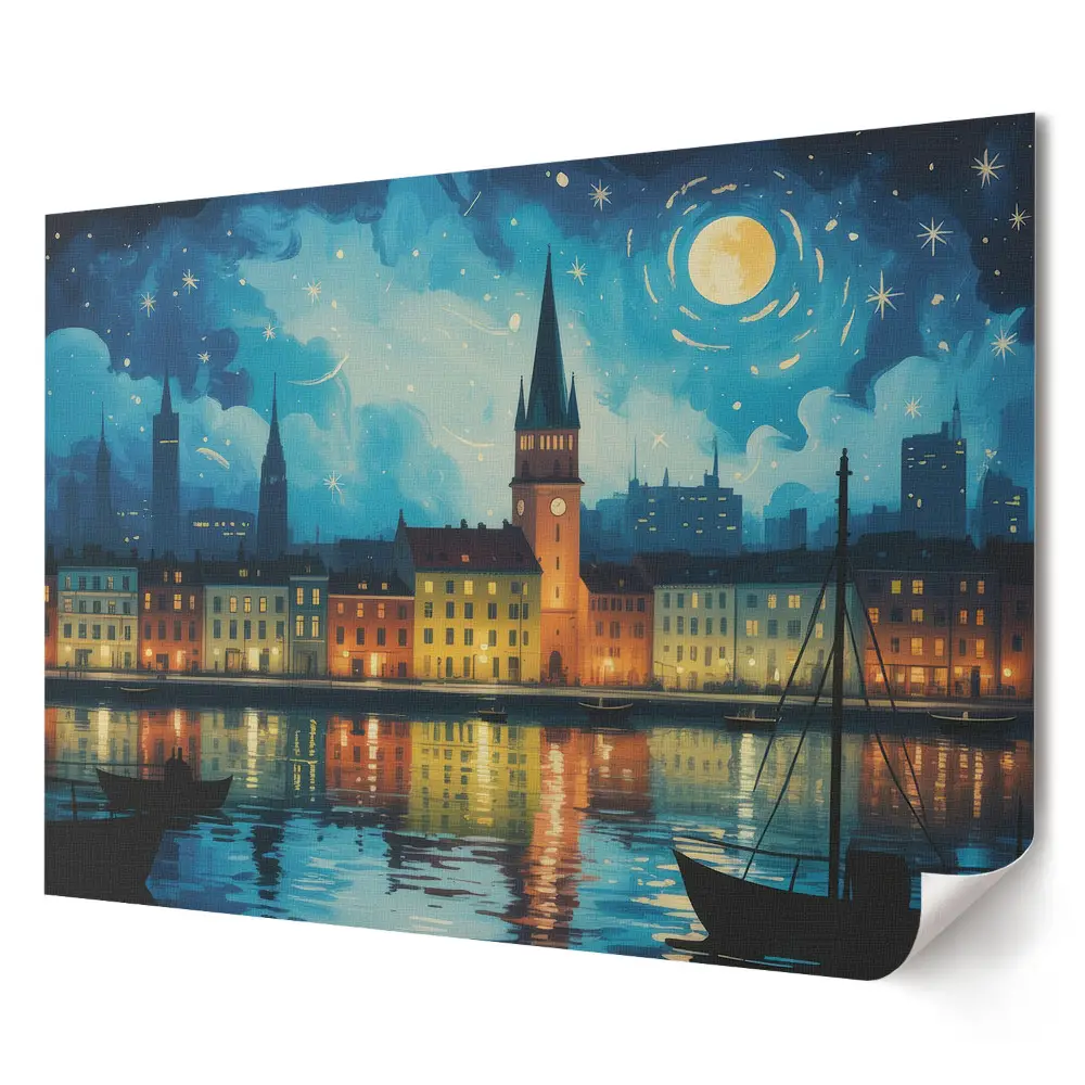 Poster de perete elegant cu panoramă nocturnă a orașului lângă râu