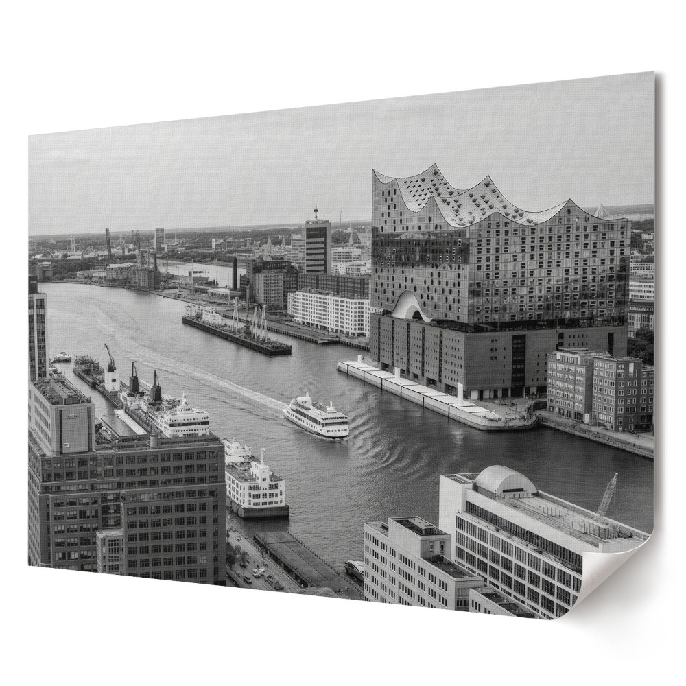 Poster stilat pentru living Arhitectură modernă pe malul râului în monocrom