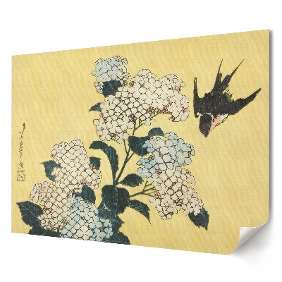Poster stilat pentru living Privighetoare pe un fundal de flori înflorite