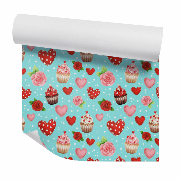 Tapet perete Inimioare de bomboane și cupcakes cu buline
