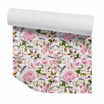 Tapet Flori de epocă printre pene și inimioare