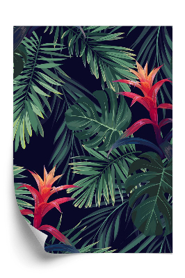 Tapet perete Model floral cu flori de guzmania, monstera și frunze de palmier