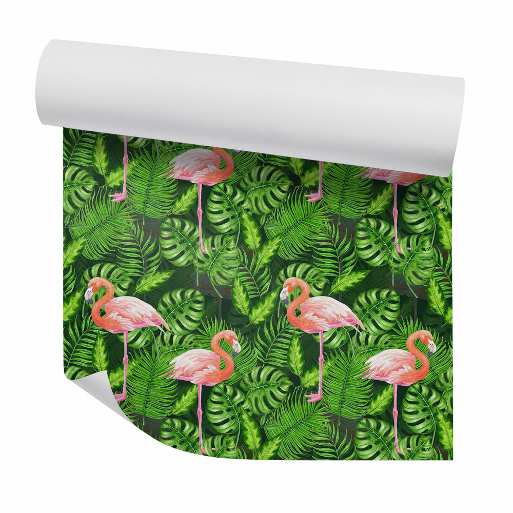 Tapet decorativ Flamingo în picioare în frunze de monstera