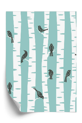 Tapet Pădure și păsări pe un fundal albastru