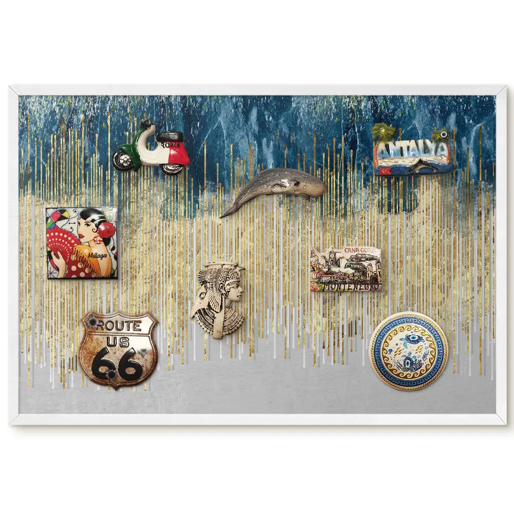 Panou magnetic înrămat cu design linii verticale albastru galben și maro