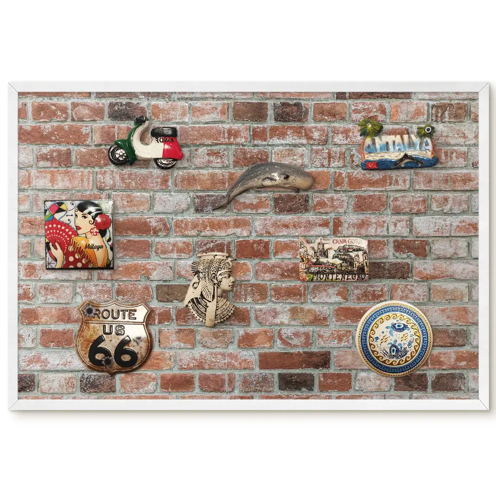 Panou magnetic rustic înrămat cu aspect de cărămidă în nuanțe calde