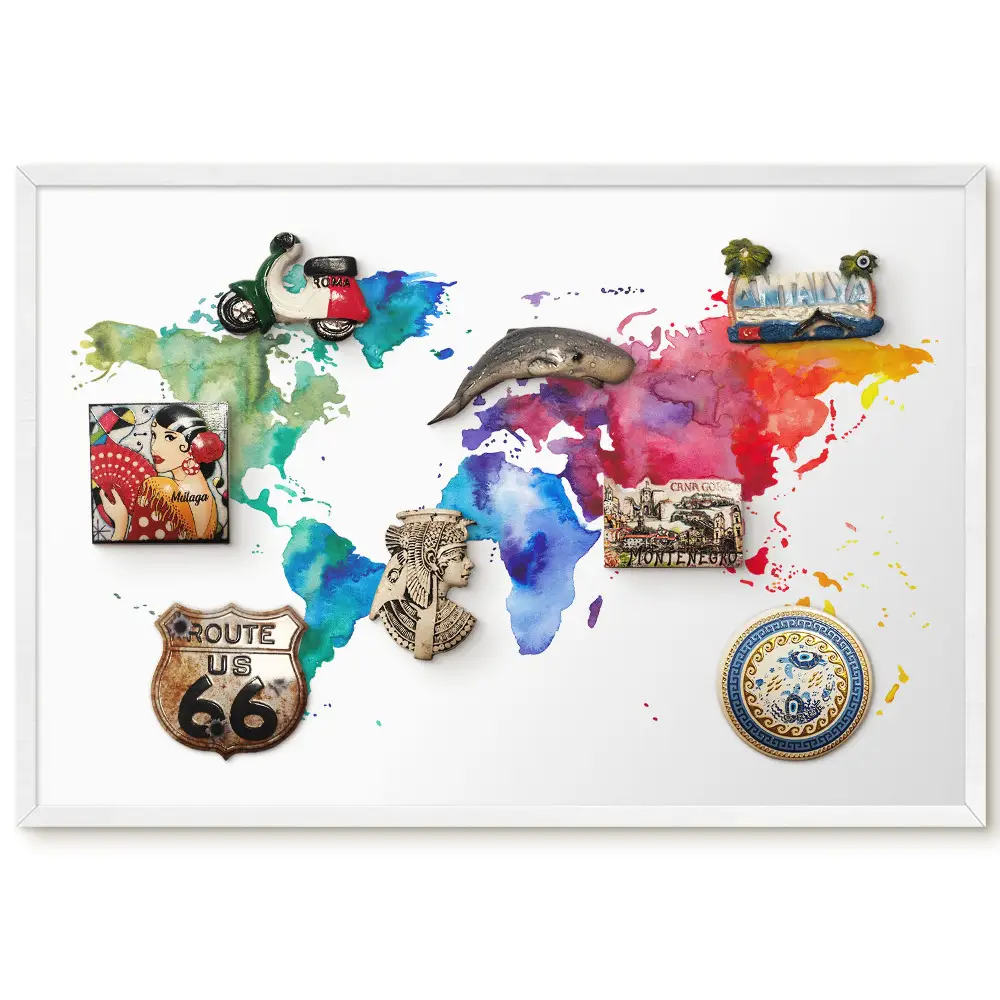 Panou magnetic înrămat cu hartă a lumii în acuarelă colorată