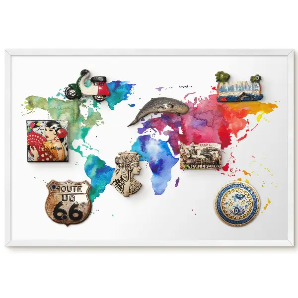 Panou magnetic înrămat cu hartă a lumii în acuarelă colorată