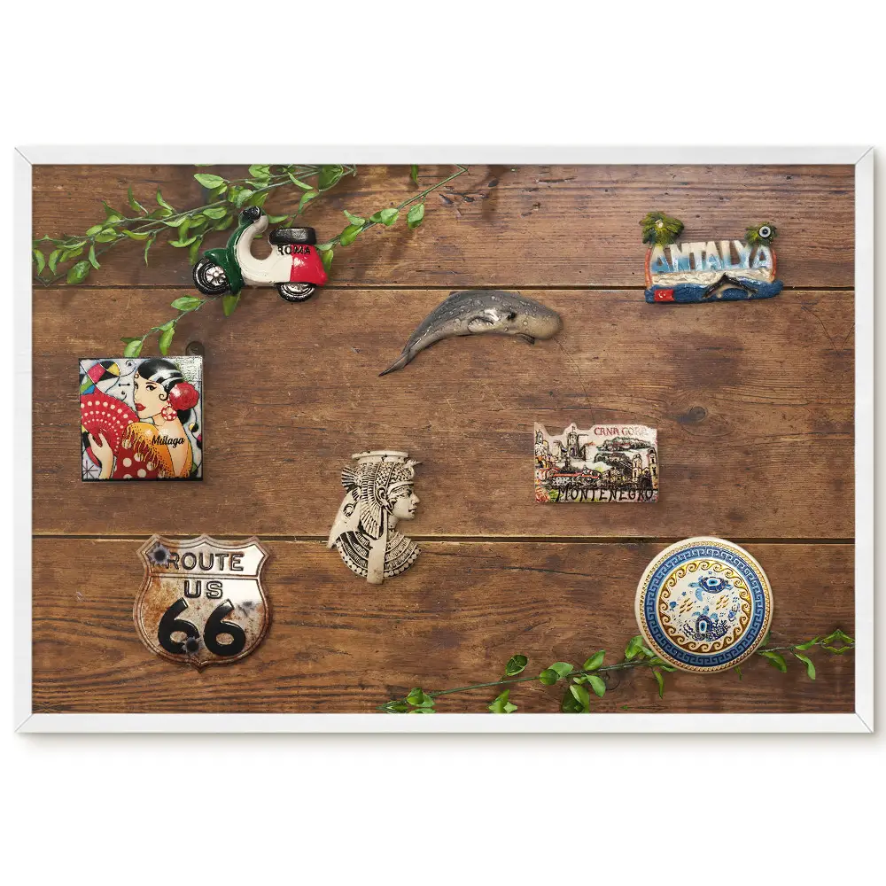 Panou magnetic înrămat cu design Armonie cu frunze verzi și plăci de lemn