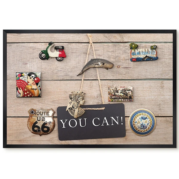 Placă din lemn cu inscripție motivațională și panou magnetic înrămat