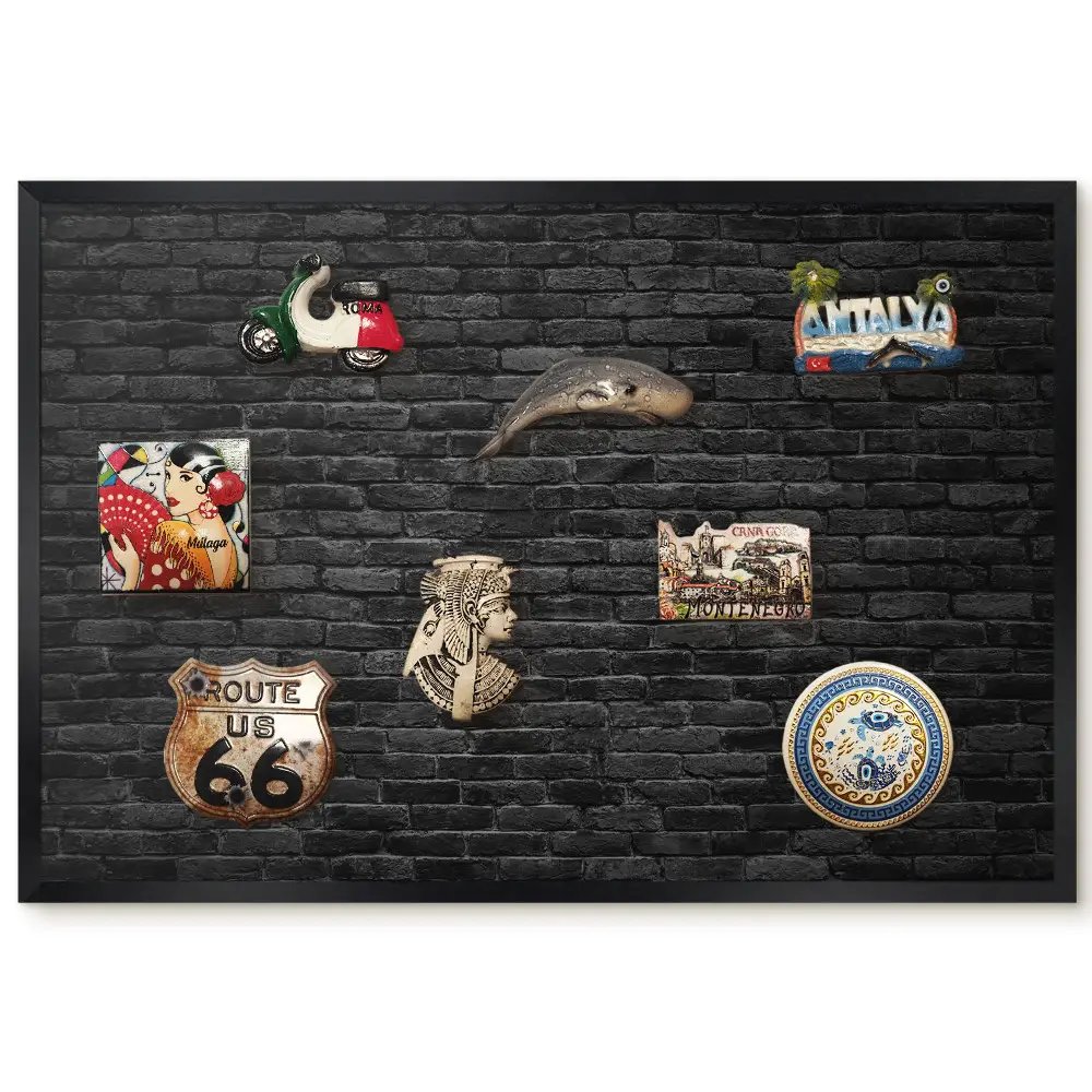 Panou magnetic cu aspect de perete din cărămidă neagră cu ramă