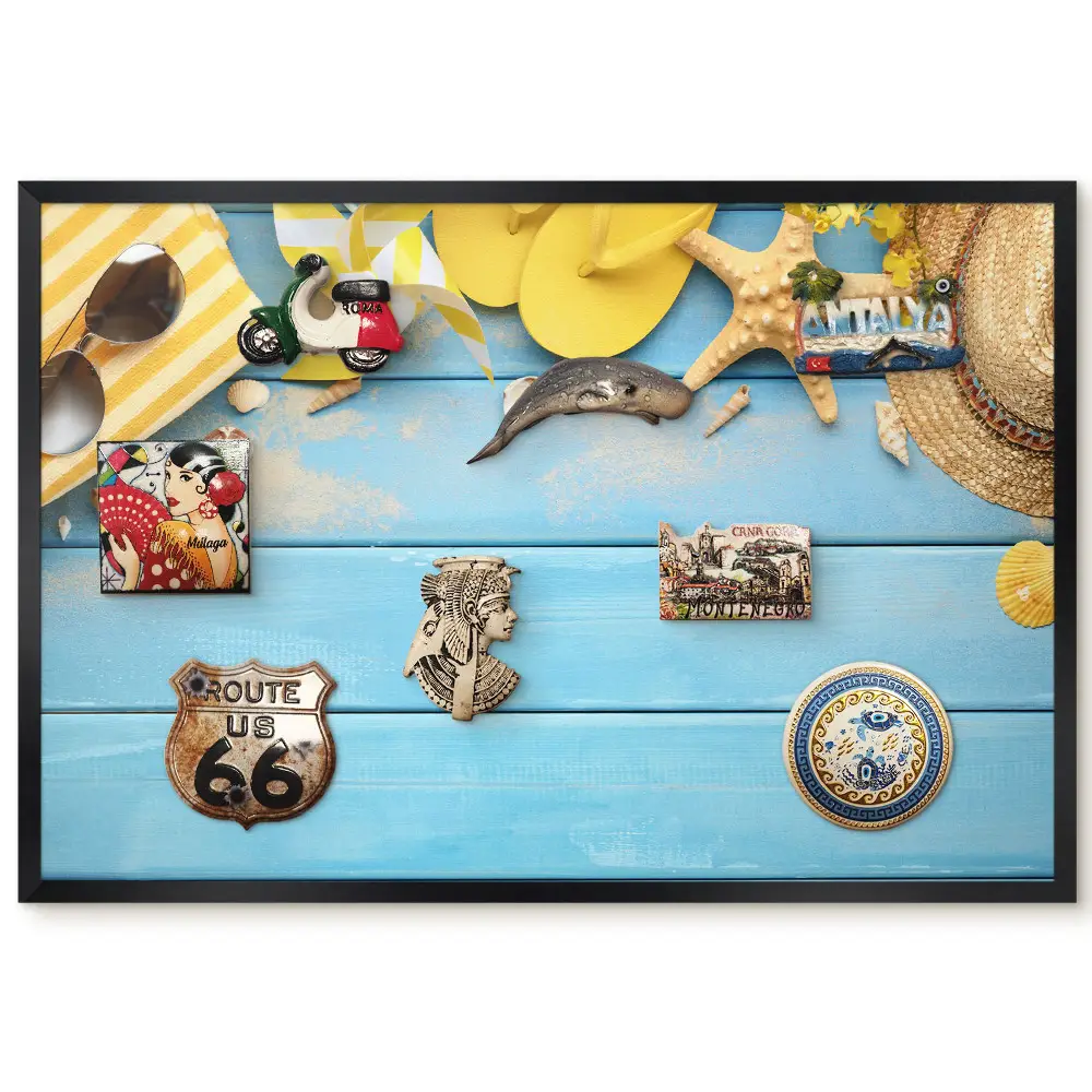 Panou magnetic înrămat cu design Scenă de vară și lemn albastru