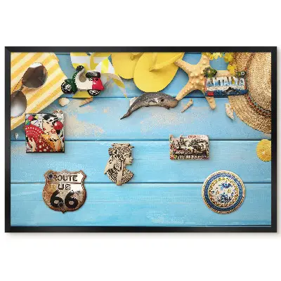 Panou magnetic înrămat cu design Scenă de vară și lemn albastru