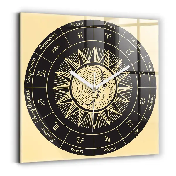 Ceas perete din sticlă pătrat Zodiile și Soarele