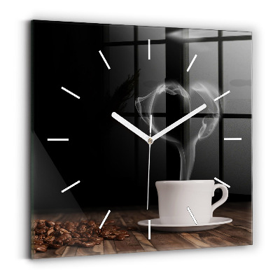 Ceas perete din sticlă pătrat O ceașcă de cafea fierbinte
