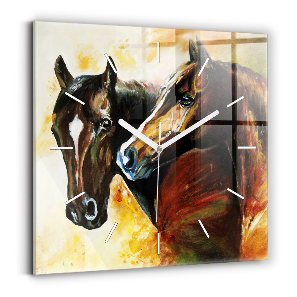 Ceas de sticlă pe perete pătrat Doi cai pictați