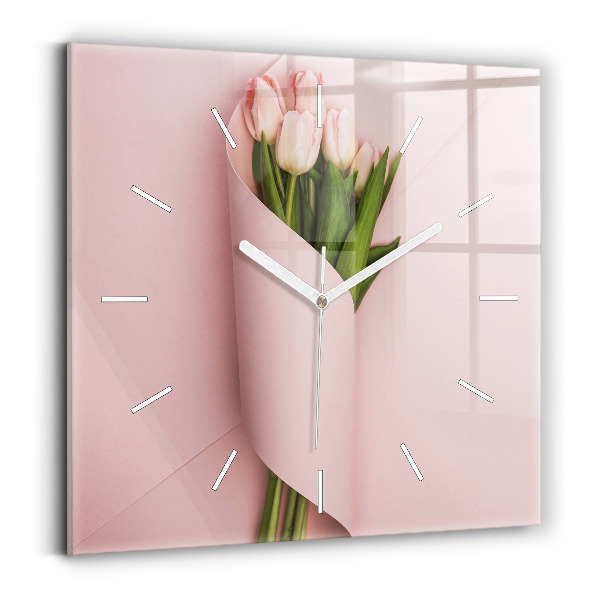 Ceas de sticlă pe perete pătrat Buchet de flori de lalele
