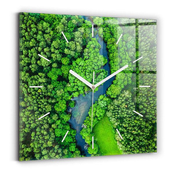 Ceas de sticlă pe perete pătrat Râu în pădure