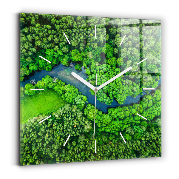 Ceas perete din sticlă pătrat Râu în pădure