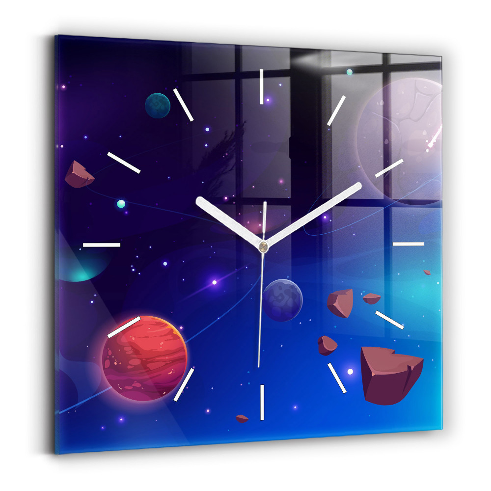 Ceas perete din sticlă pătrat Planete galaxie