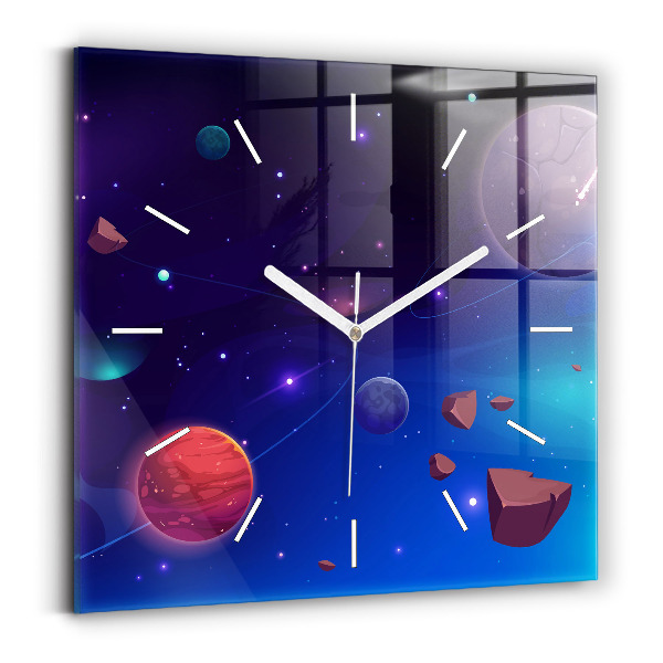 Ceas perete din sticlă pătrat Planete galaxie