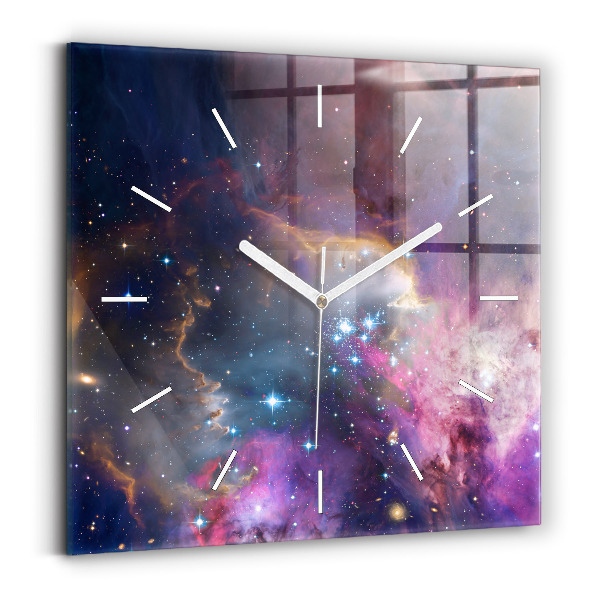 Ceas perete din sticlă pătrat Galaxy și stele
