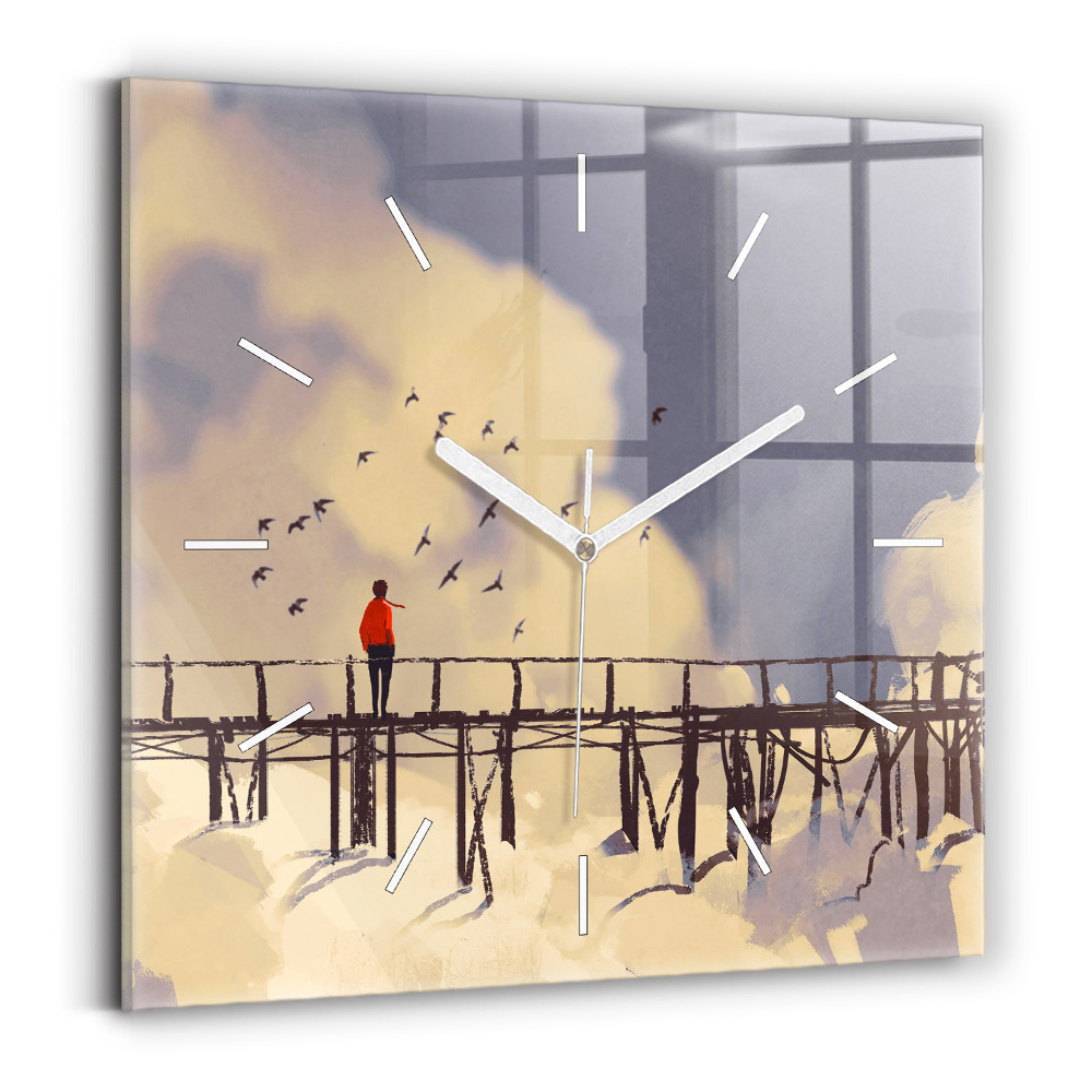 Ceas perete din sticlă pătrat Omul pe podul vechi