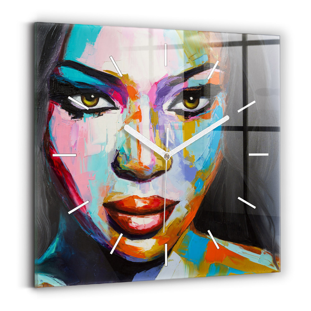 Ceas perete din sticlă pătrat Față de femeie colorată