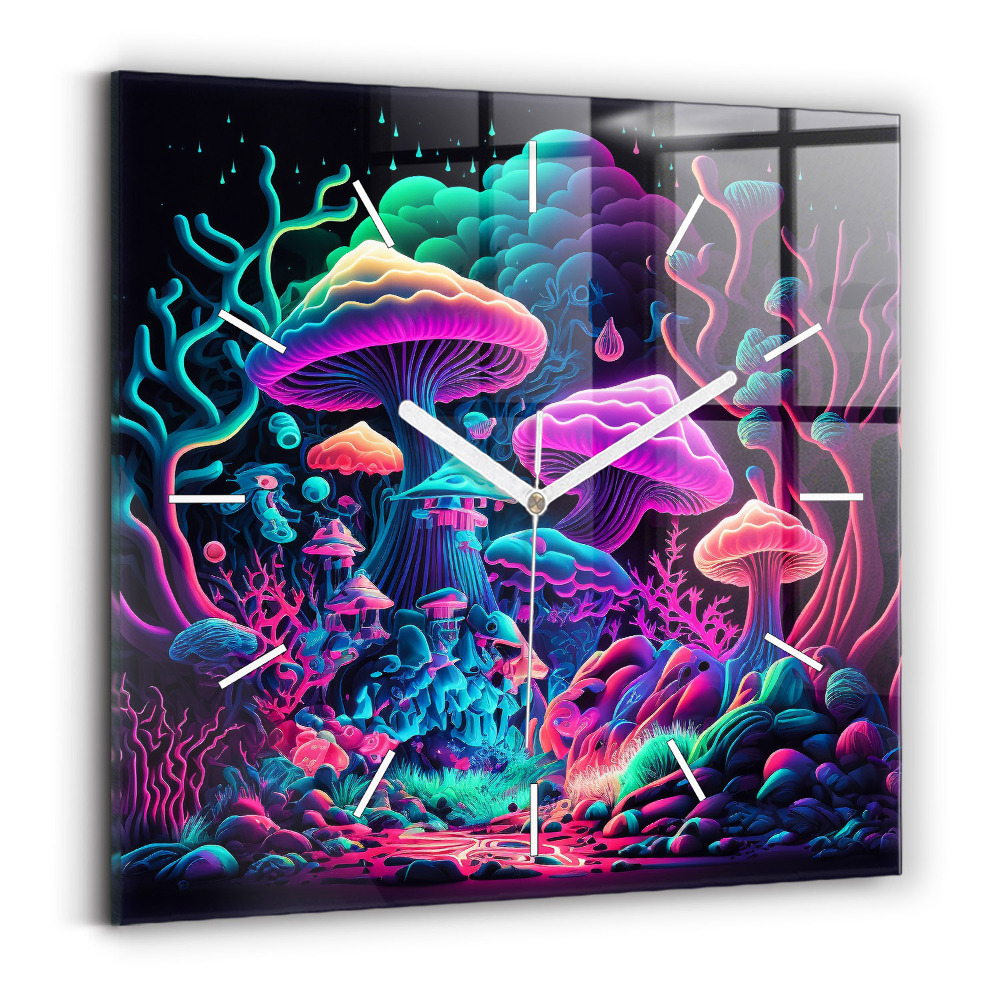 Ceas de sticlă pe perete pătrat Ciuperci neon