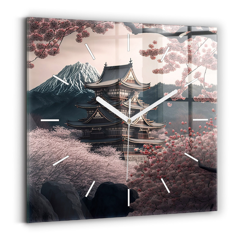 Ceas pătrat de perete din sticlă Turn și flori în Asia
