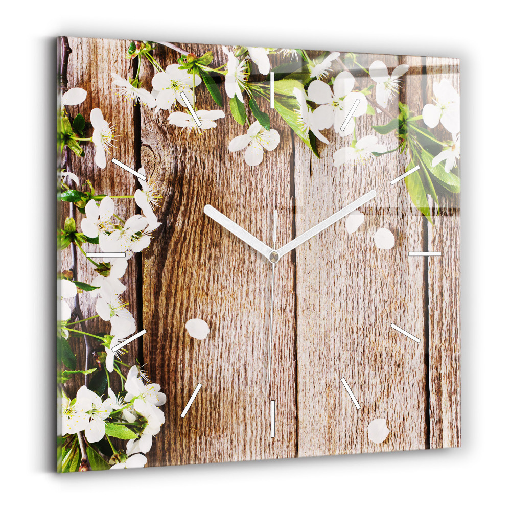 Ceas de sticlă pe perete pătrat Flori pe lemn