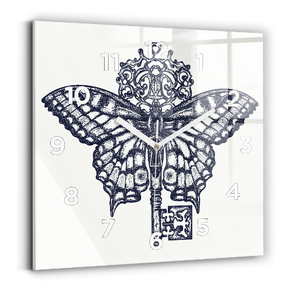Ceas pătrat de perete din sticlă Fluture și cheie - stil boho