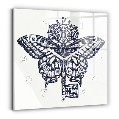 Ceas pătrat de perete din sticlă Fluture și cheie - stil boho