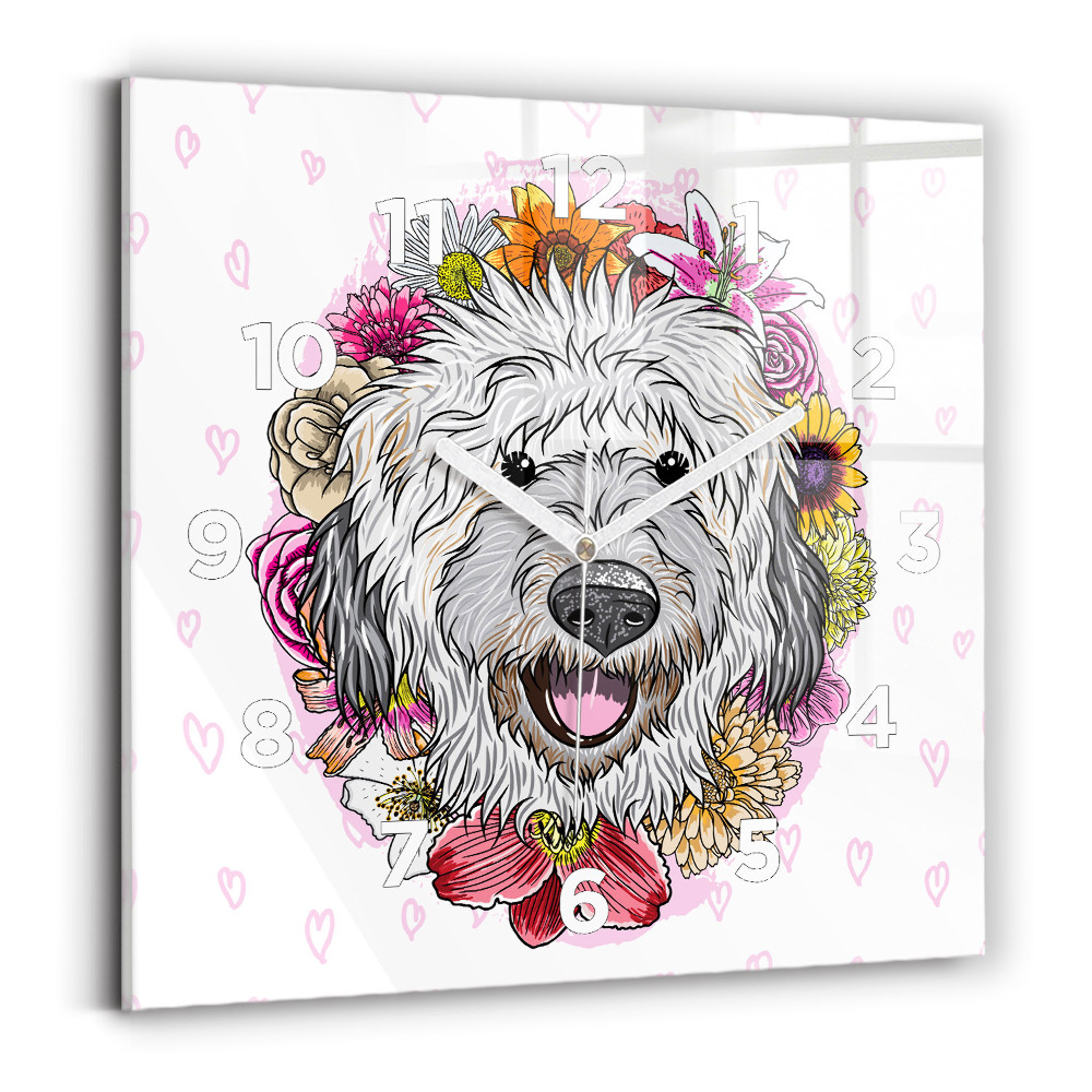 Ceas pătrat de perete din sticlă Câine fericit în flori