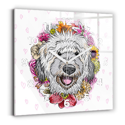 Ceas pătrat de perete din sticlă Câine fericit în flori