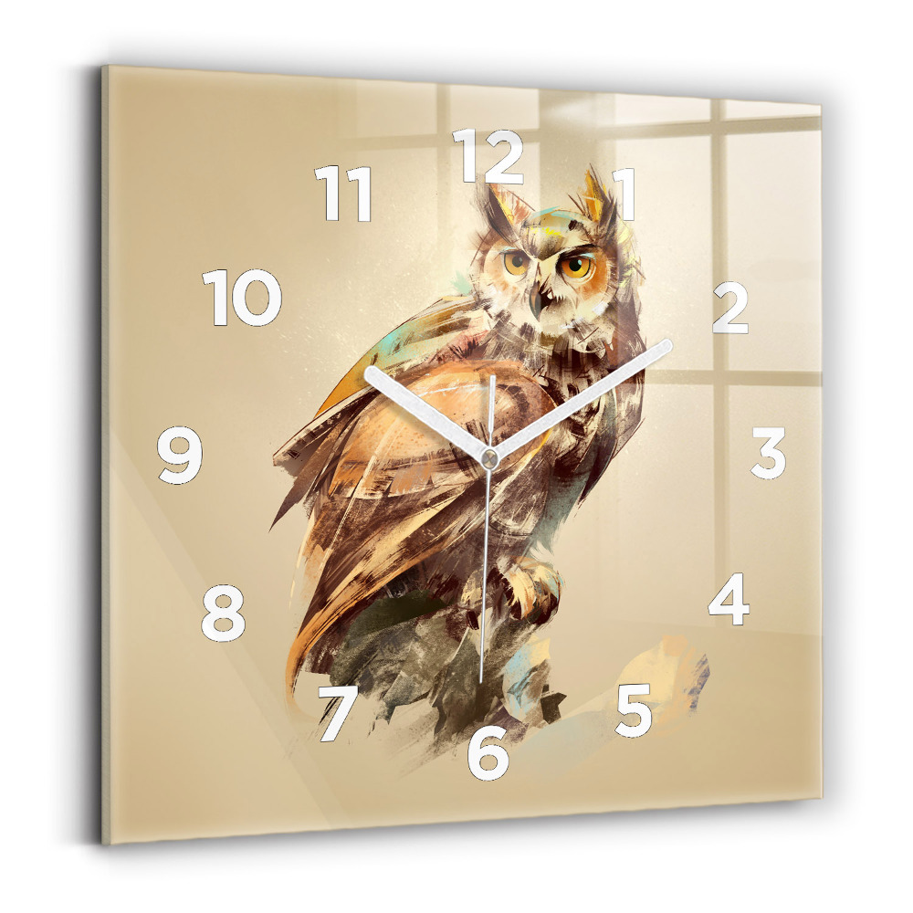 Ceas pătrat de perete din sticlă Bufniță - un semn de înțelepciune