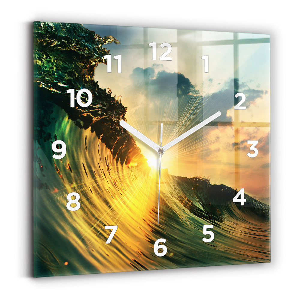 Ceas pătrat de perete din sticlă Perspectiva valurilor apusului