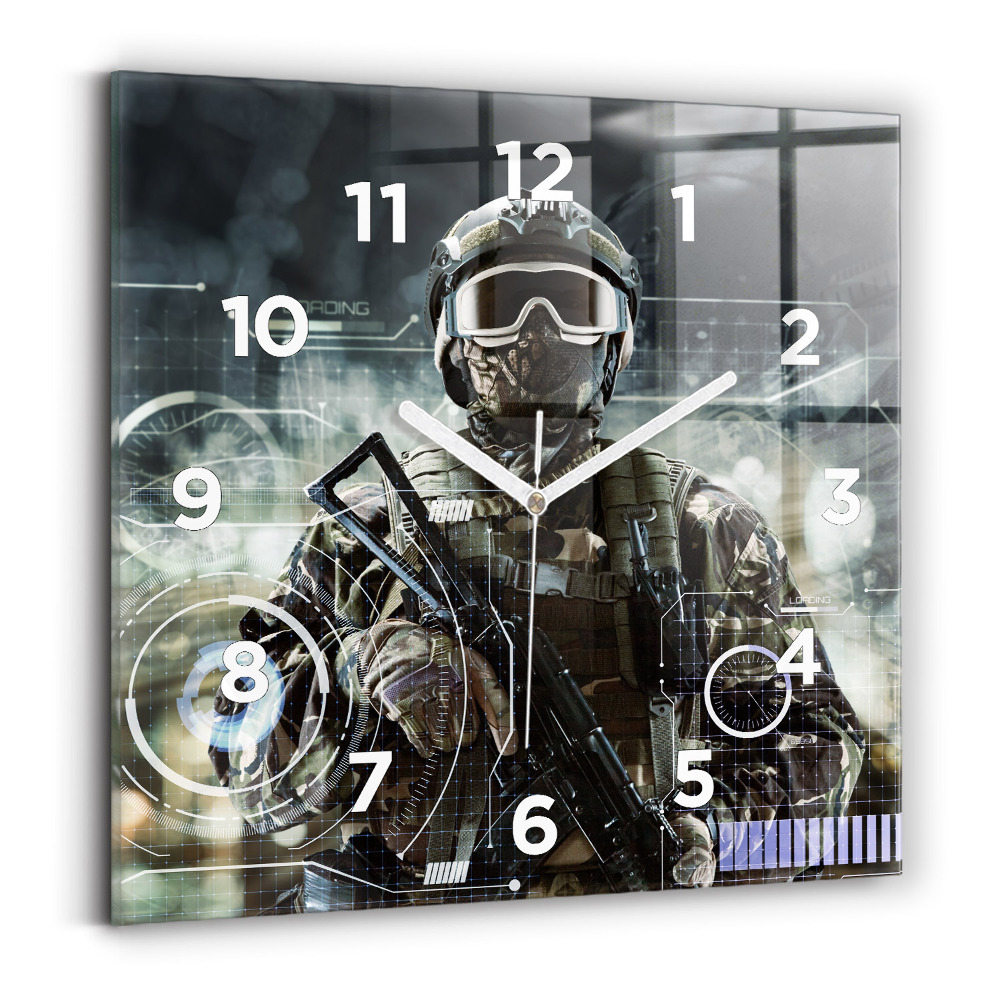 Ceas pătrat de perete din sticlă Soldat cu o armă