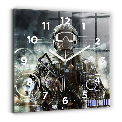 Ceas pătrat de perete din sticlă Soldat cu o armă