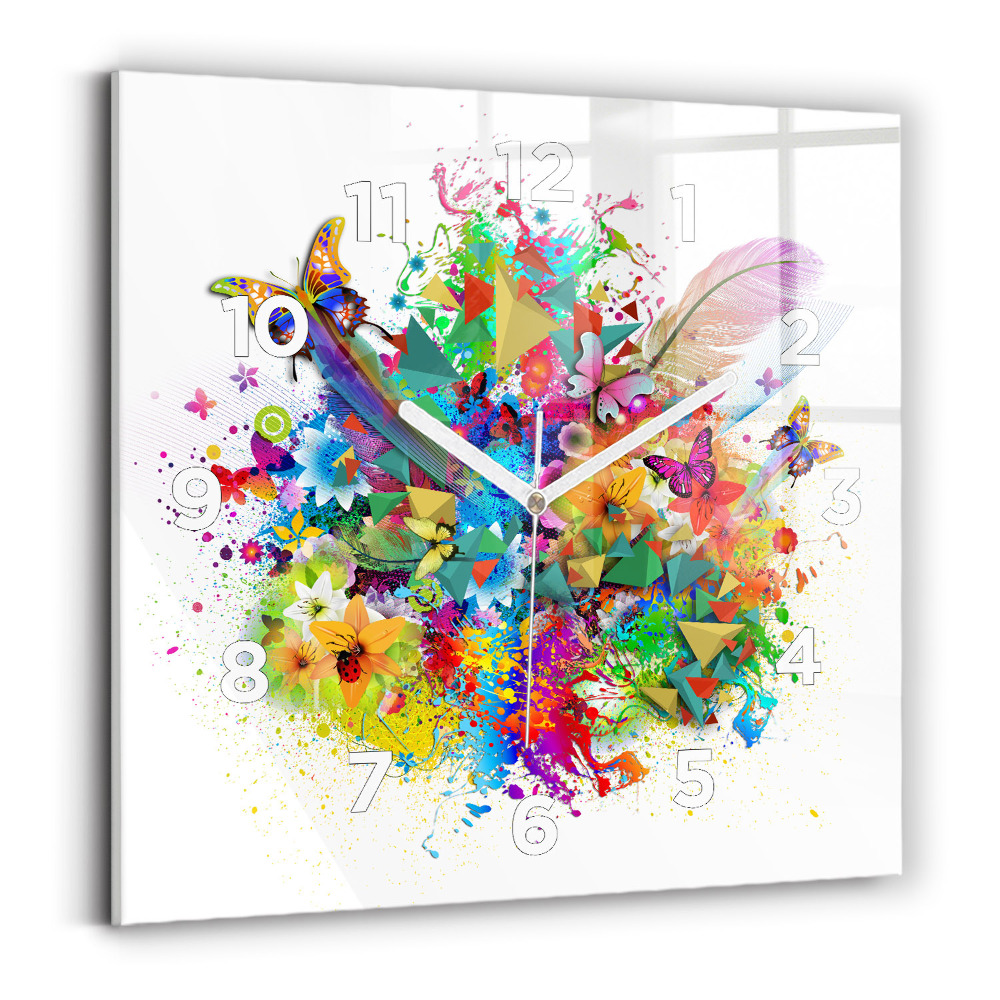Ceas de sticlă pe perete pătrat Armonie florală cu fluturi