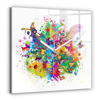 Ceas de sticlă pe perete pătrat Armonie florală cu fluturi